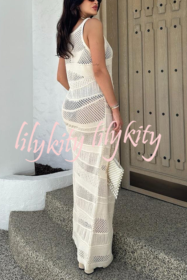 Solid Color Knit Hollow Crew Neck Sleeveless Beach Cover Up Maxi Dress