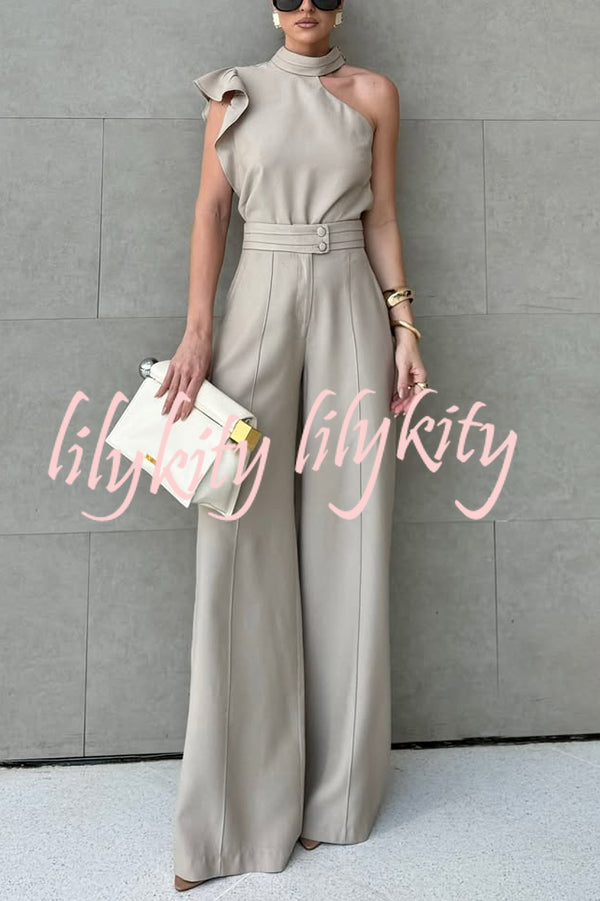 Fashionable One-shoulder Ruffled Top and Casual Simple Straight-leg Suit Pants Set