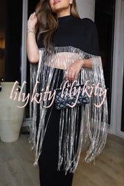 New Level Shiny Tassel Stand Neck Crop Cape Blouse