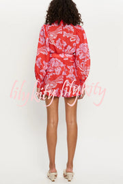 Linen Blend Botanical Print Lapel Puff Sleeve Loose Tie Casual Rompers