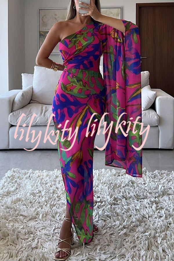 Colorful Printed One-sleeve Slim-fitting Slit Maxi Dress