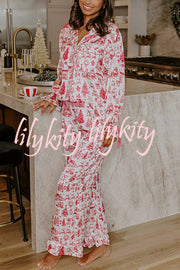 Christmas Night Satin Loose Shirt and Elastic Waist Pocketed Pajama Set