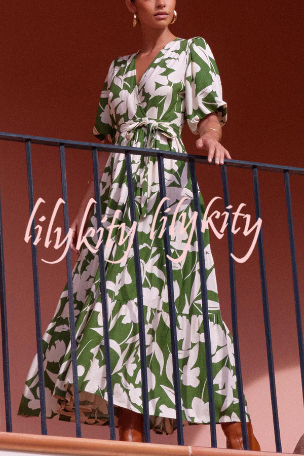 Unique Printed V-neck Puff Sleeves Tie Waist Midi Dress