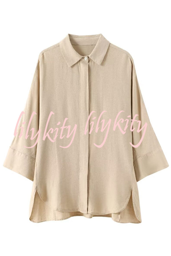 Solid Color Loose Casual Shirt and Elastic Waist Pocket Wide Leg Pants Set