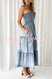 Asmn Off Shoulder Pleated Pocket Paneled Denim Maxi Dress