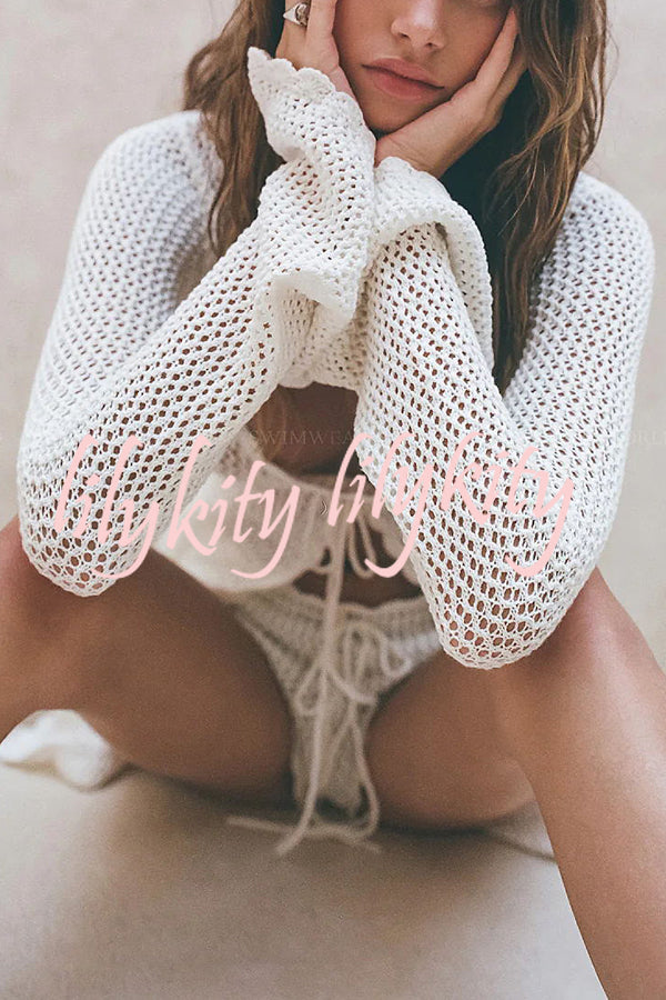 Elegant Knitted Cutout V Neck Lace Up Long Sleeves Cover Ups