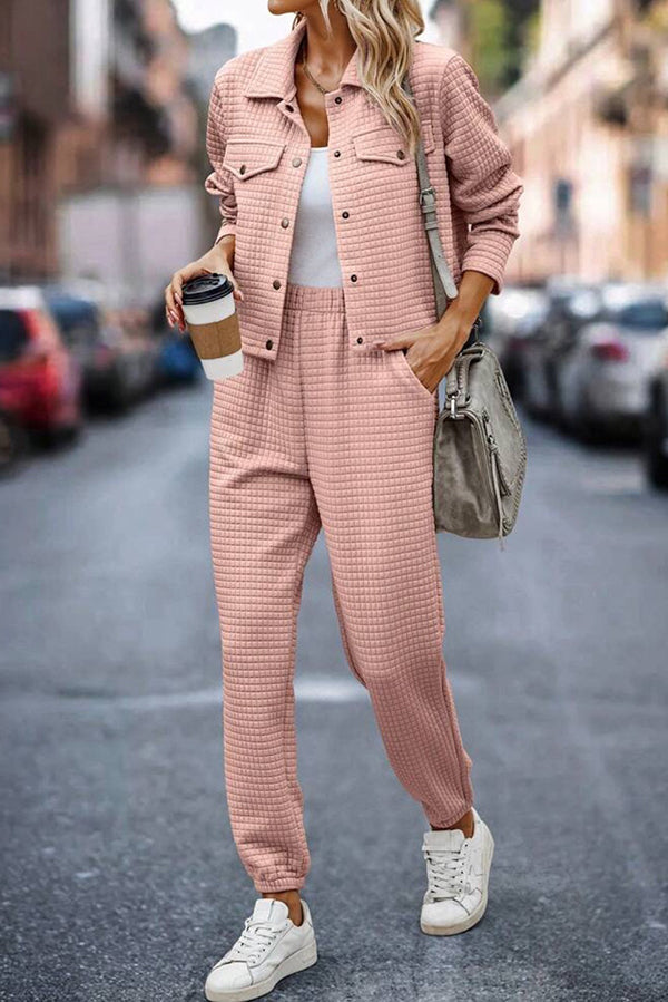 Solid Color Lapel Long Sleeve Jacket and Elastic Waist Casual Pocket Pants Set