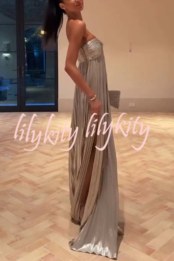 Night Elf Metallic Fabric Pleated Off Shoulder Twist Bust Slit Maxi Dress