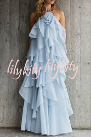 Free - Flowing Rose Detail Tiered Ruffles Halter A-line Maxi Dress