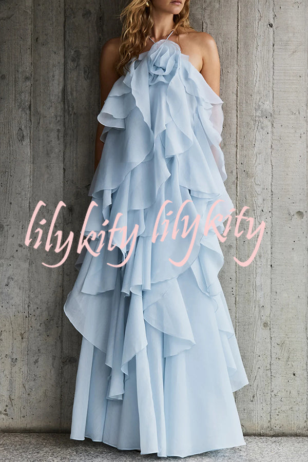 Free - Flowing Rose Detail Tiered Ruffles Halter A-line Maxi Dress