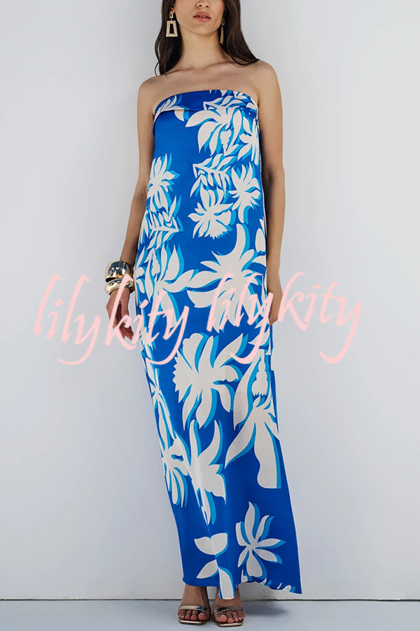 Fashion Vacation Satin Unique Print Off Shoulder Maxi Dress