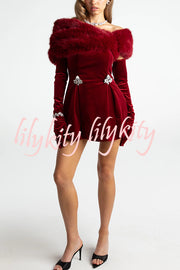 Stylish Velvet Off-shoulder Fitted Mini Dress and Fluffy Shawl, Velvet Gloves Three-piece Set