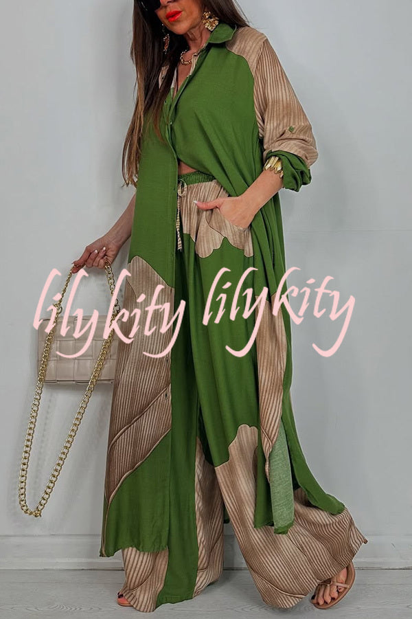 Unique Printed Casual Loose Long Shirt and Elastic Waist Pocket Wide Leg Pants Set