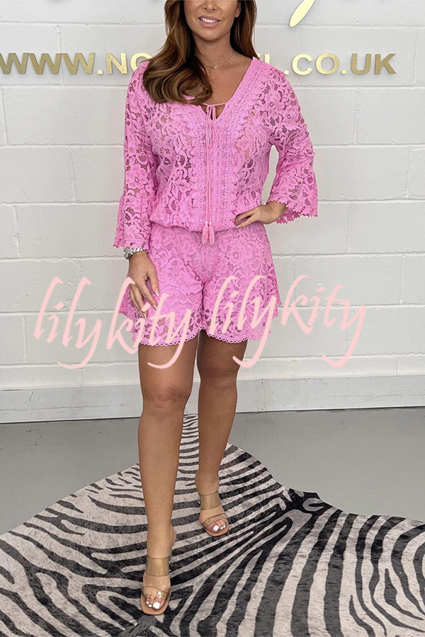 Emilee Lace Tie Neck Bell Sleeve Top and Elastic Waist Loose Shorts Set
