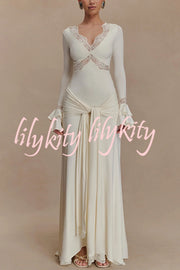 Fashion Lace Splicing Sexy V-neck Long-sleeved Slim Maxi Dress