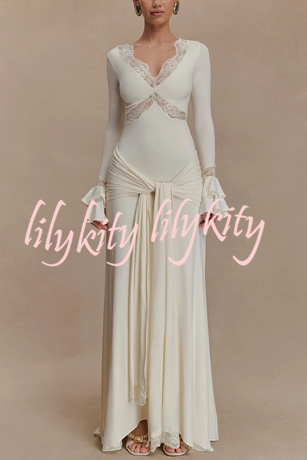 Fashion Lace Splicing Sexy V-neck Long-sleeved Slim Maxi Dress