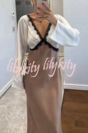 Lainei Contrast Color Satin Lace Trim V-neck Long Sleeve Maxi Dress