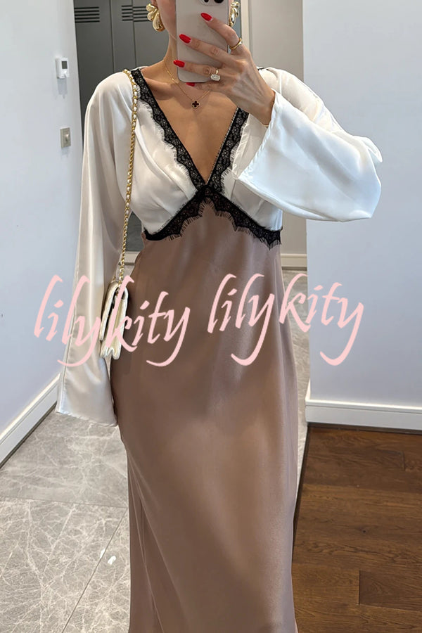 Lainei Contrast Color Satin Lace Trim V-neck Long Sleeve Maxi Dress