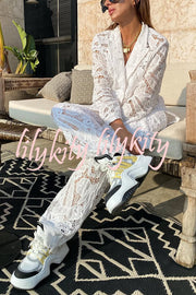 Fashionable Lace Long-sleeved Lapel Loose Top and Casual Hollow Pants Set