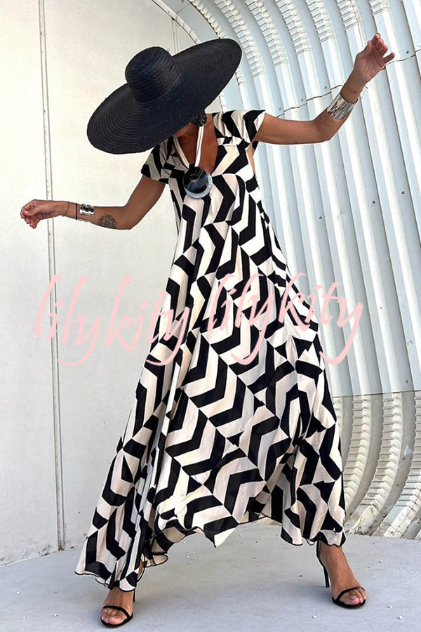 Fresh Breeze Ethnic Unique Print Ruffle Sleeve A-line Maxi Dress