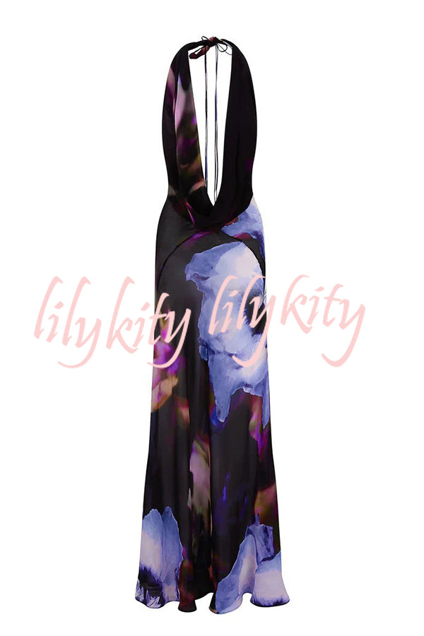 Bold and Sexy Tie-dye Abstract Floral Halter Drape Neck Backless Maxi Dress