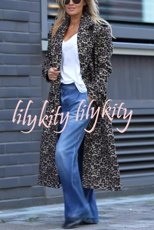 Leopard Affair Animal Print Epaulettes Long Sleeve Pocketed Lapel Midi Trench Coat