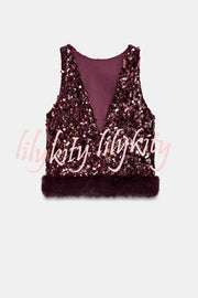 Gala Goddess Sequin Faux Fur Trim Crew Neck Sleeveless Loose Top