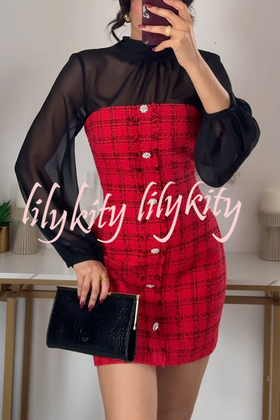 Festive Elegance Tulle Plaid Tweed Patchwork Balloon Sleeve Mini Dress