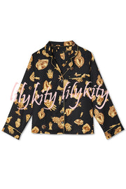 Golden Night Unique Print Color-block Trim Loose Shirt and Elastic Waist Pocketed Pajama Set