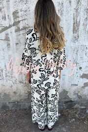 Linen Blend Unique Print Long Sleeve Loose Shirt and Elastic Waist Tie Pocket Pants Set