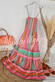 Plenty of Sunshine Linen Blend Ethnic Print Smocked Cami Midi Dress