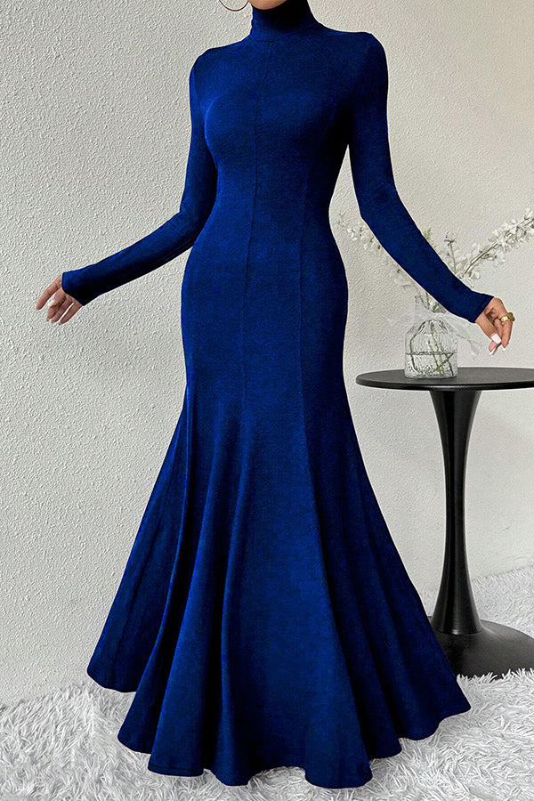 Solid Color High-neck Long-sleeved Slim-fit Fishtail Elegant Maxi Dress