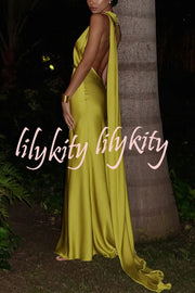 Crush on You Satin One Shoulder Backless Cape Maxi Dress