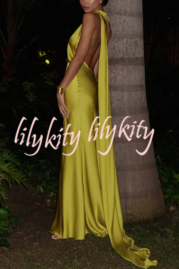 Crush on You Satin One Shoulder Backless Cape Maxi Dress