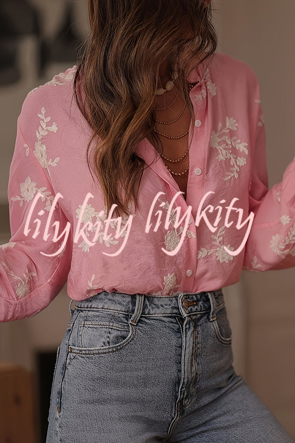 Floral Embroidery Long-Sleeved Button-Up Elegant Shirt