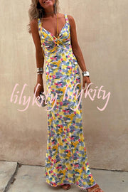 Flora Watercolor Print Crossover Neck Wide Straps Stretch Maxi Dress