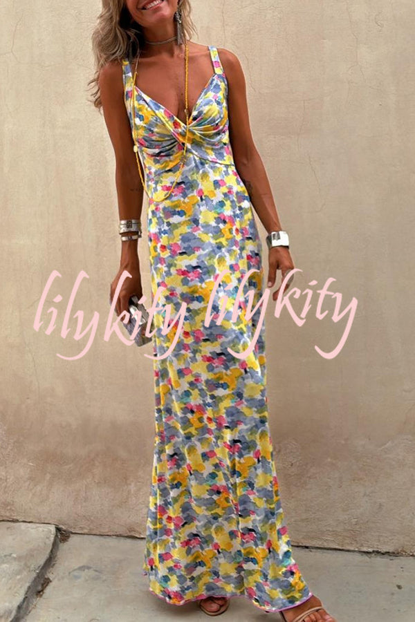 Flora Watercolor Print Crossover Neck Wide Straps Stretch Maxi Dress