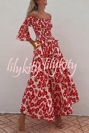 Close To The Vacation Floral Print Smocked Off Shoulder Pocketed Maxi Dress