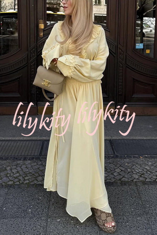 Solid Color Pleated Ruffled Tie Long Sleeve Loose Shirt