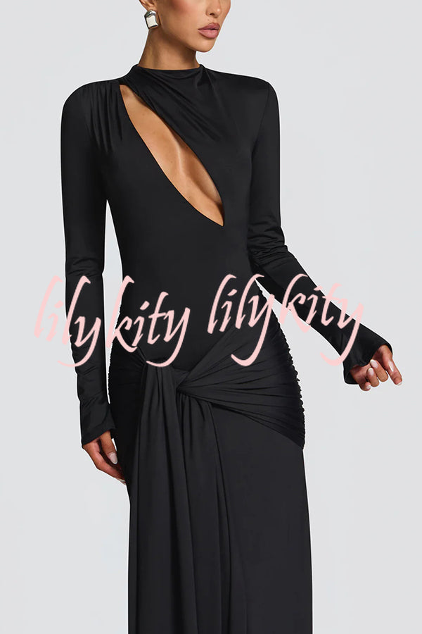Sexy Cutout Fitted Long-sleeved Pleated Satin Ribbon Maxi Dresses