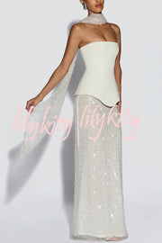 Oakley Corset Strapless Top and Sequin High Rise Maxi Skirt Scarf Set