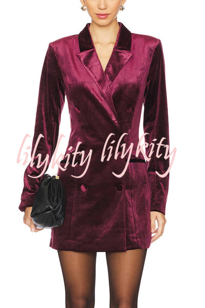 Holiday Soiree Solid Color Velvet Lapel Long Sleeve Blazer Mini Dress