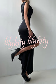 Solid Color Casual Sleeveless Crop Top and Elegant Button-down Maxi Skirt Set