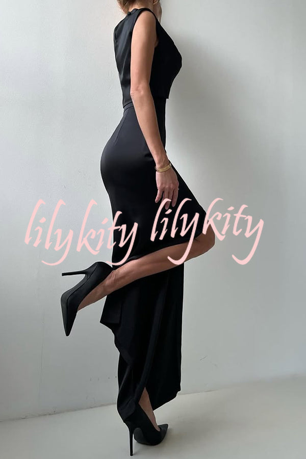 Solid Color Casual Sleeveless Crop Top and Elegant Button-down Maxi Skirt Set