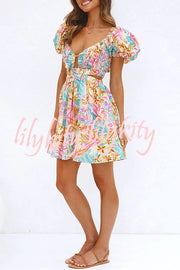 How Sweet Floral Puff Sleeve Cutout Elastic Waist Mini Dress