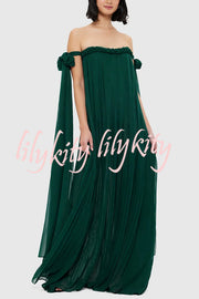 Fairy Spirit Tulle Braided Neckline Tie Arm Straps Pleated Maxi Dress