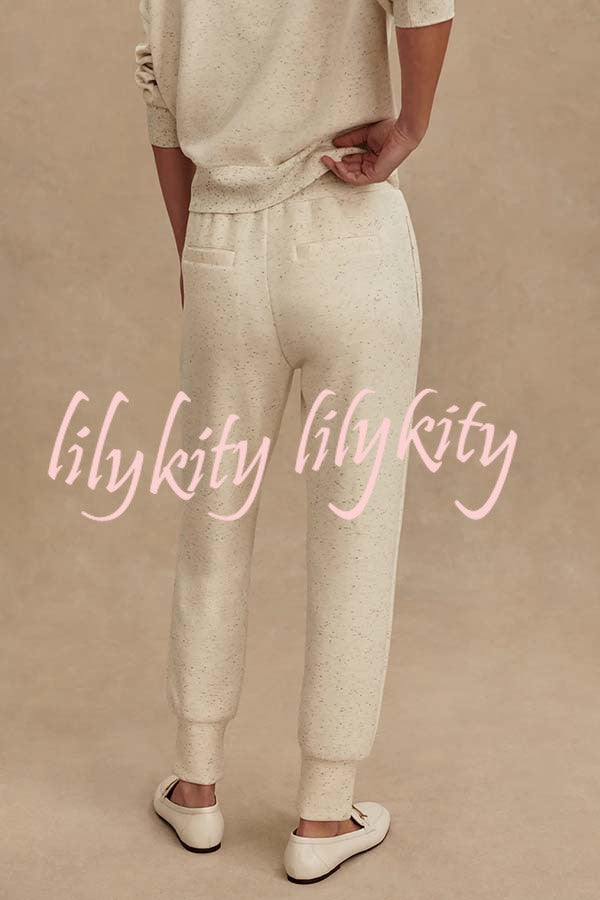 Ivory Marl Fleck Half-Zip Neck Long Sleeve Sweatshirt and Elastic Waist Pocket Jogger Set