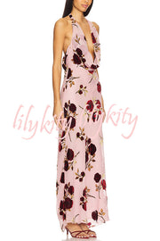 Rose Secret Printed Cowl Neck Halter Backless Maxi Dress