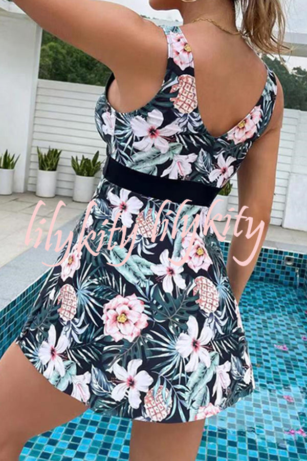 Cheerful Floral Print Bow Detail Tankini Swimsuit Set