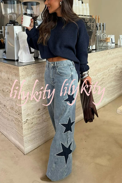 Jessy Denim Mid Rise Side Star Pattern Pocket Wide Leg Jeans